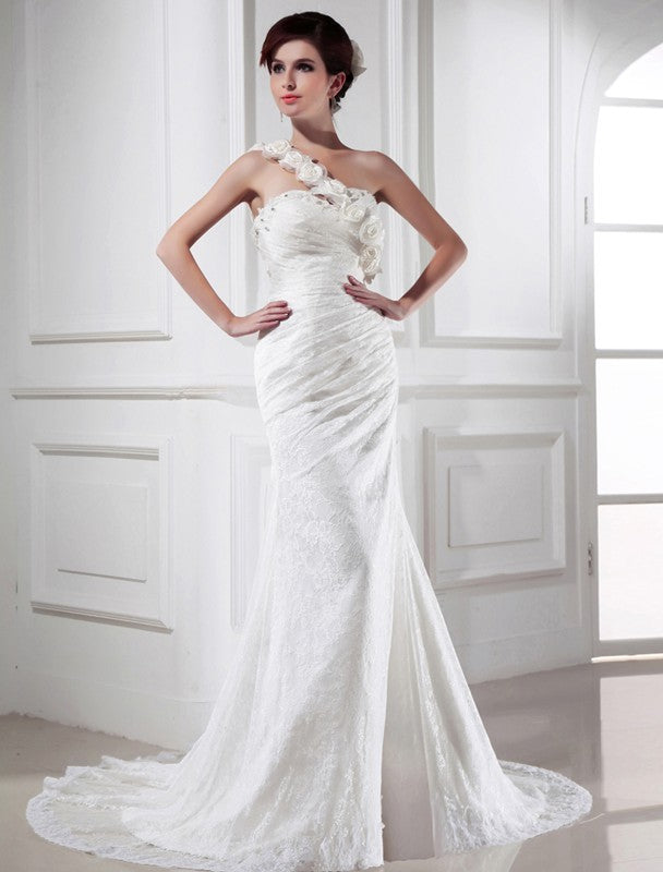 Mermaid Satin One-Shoulder Sleeveless Chapel Train With Beading Wedding Dresses