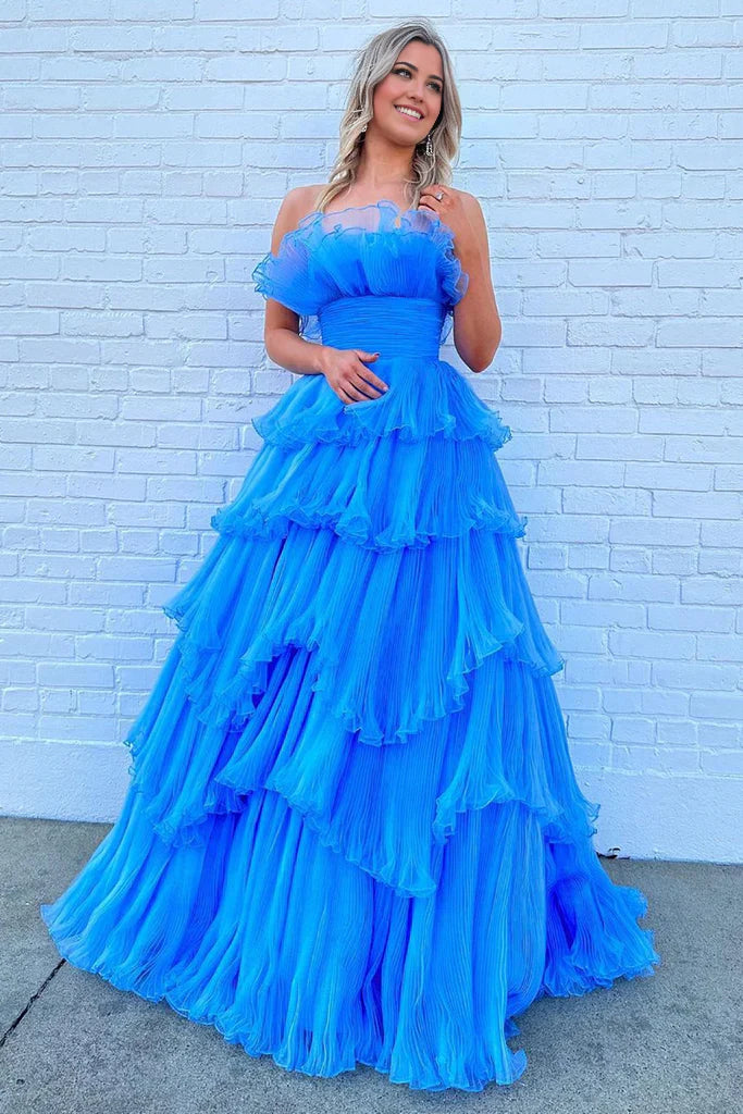 A Line Strapless Charming Long Prom Dress with Ruffles