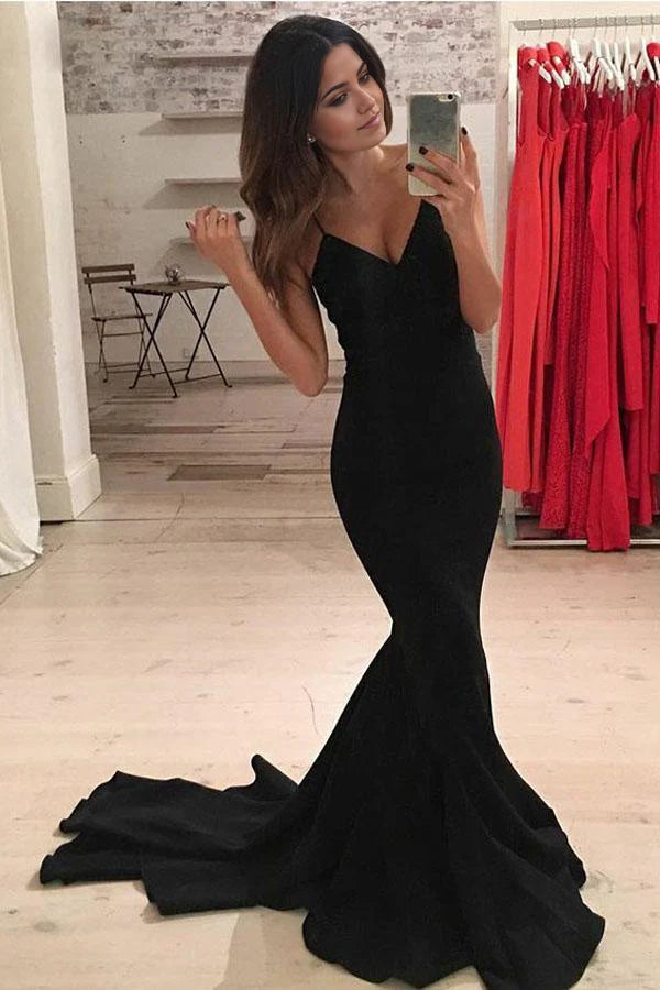 Mermaid Spaghetti Straps Sweep Train Black Satin formal dresses evening gown Prom Dress