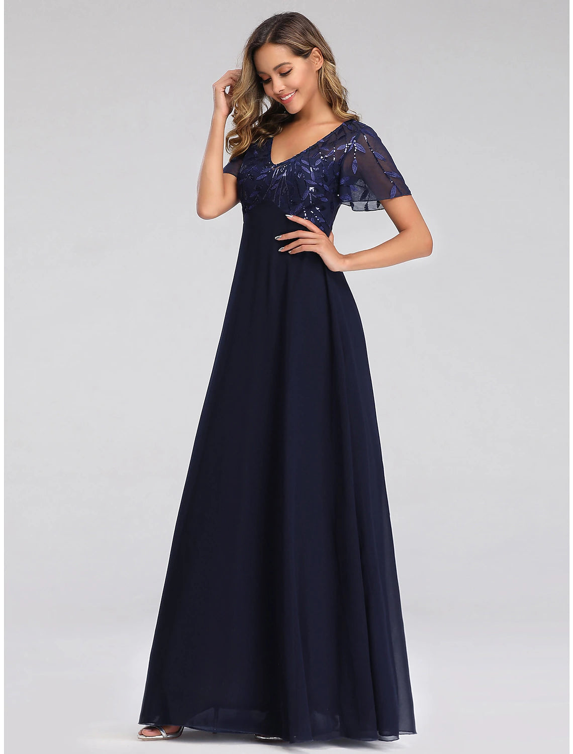 A-Line Empire Party Wear Prom Dress V Neck Short Sleeve Floor Length Tulle with Sequin Appliques