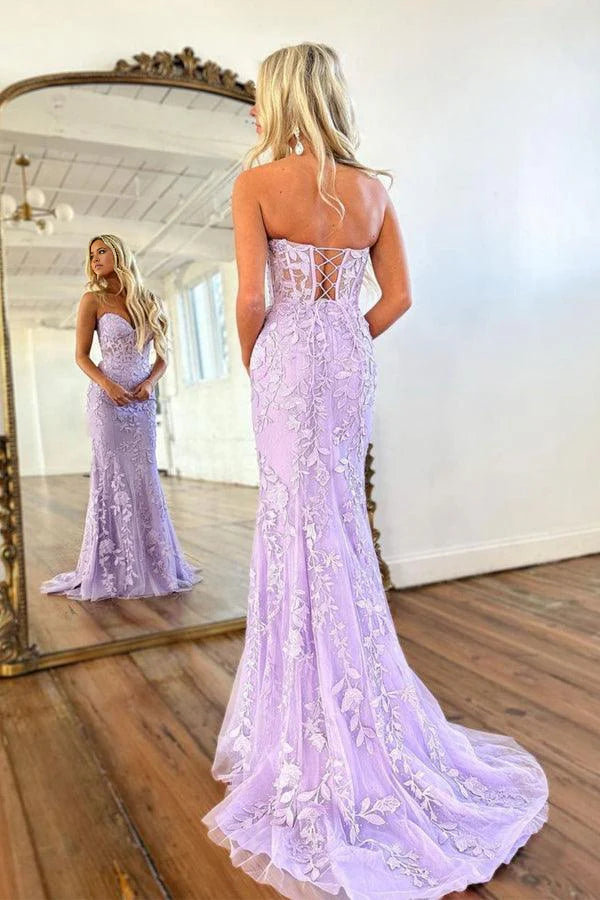 Mermaid Neck Sweetheart Lace Purple Long Prom Dress Formal Dress