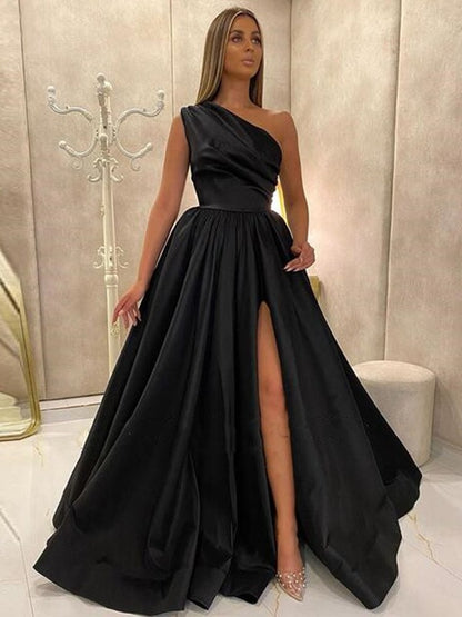Hübsche Looks A-Linie Satin Rüschen One-Shoulder-Träger Ärmellos Sweep/Pinsel zug Kleider