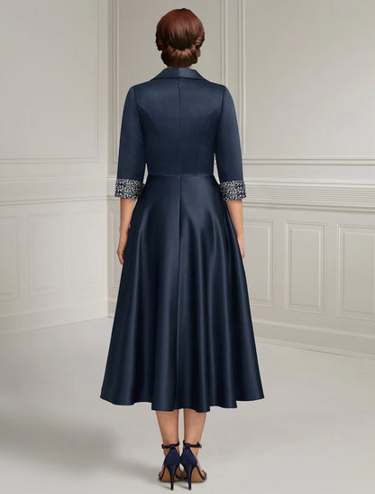 Navy Blue A-Line Dress Mother of the Bride Dress Elegant Satin Simple Shirt Collar Tea Length 3/4 Length Sleeve with Sash / Ribbon Beading Solid Color 2024