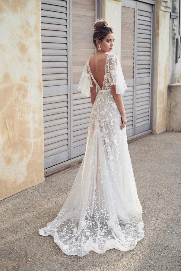 Romantic Flower Appliques Lace Long Bridal Dresses Wedding Dress