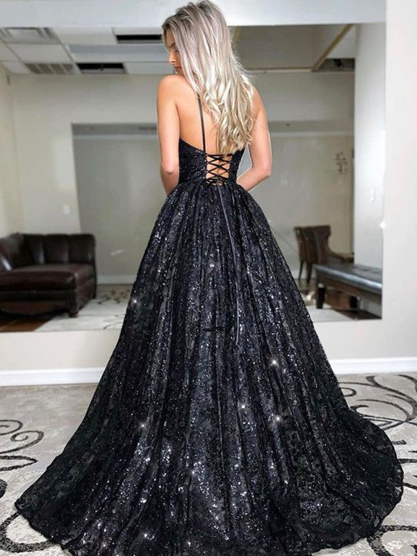 Vestidos de lentejuelas sin mangas con escote en V y corte princesa hasta el suelo