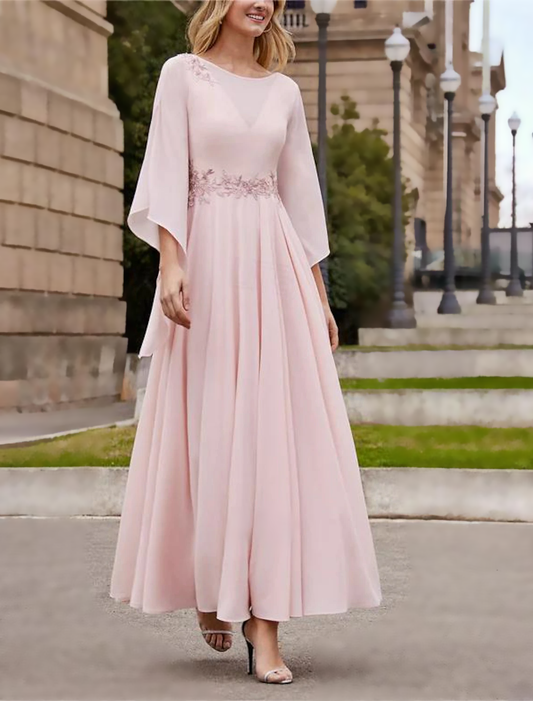 A-Line Mother of the Bride Dress Formal Wedding Guest Elegant Bateau Neck Ankle Length Chiffon 3/4 Length Sleeve with Beading Sequin free custom size