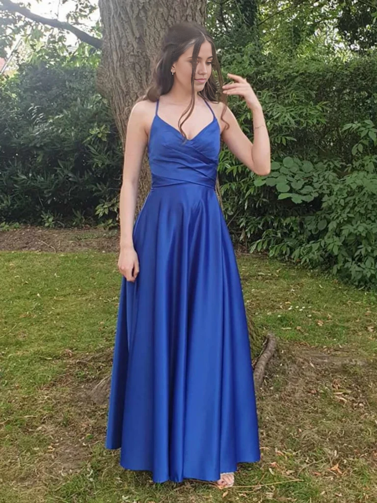A Line V Neck Backless Open Back Royal Blue Long Prom Dresses Formal Evening Dresses
