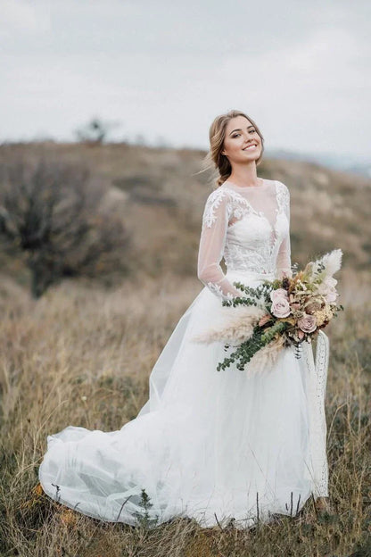 Two Piece Bohemian Illusion Sleeves Lace Court Train Wedding Dress