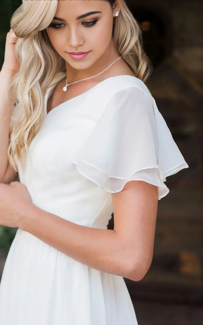 A Line V-neck Chiffon Floor-length Train Short Sleeve Wedding Dress with Ruffles