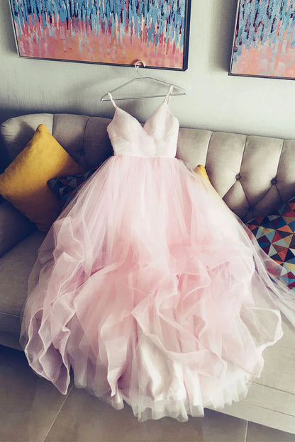 Simple v neck tulleprom dress