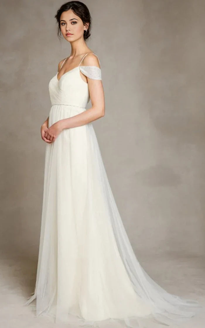 A-Line Off-the-Shoulder Spaghetti Straps Tulle Long Wedding Dress