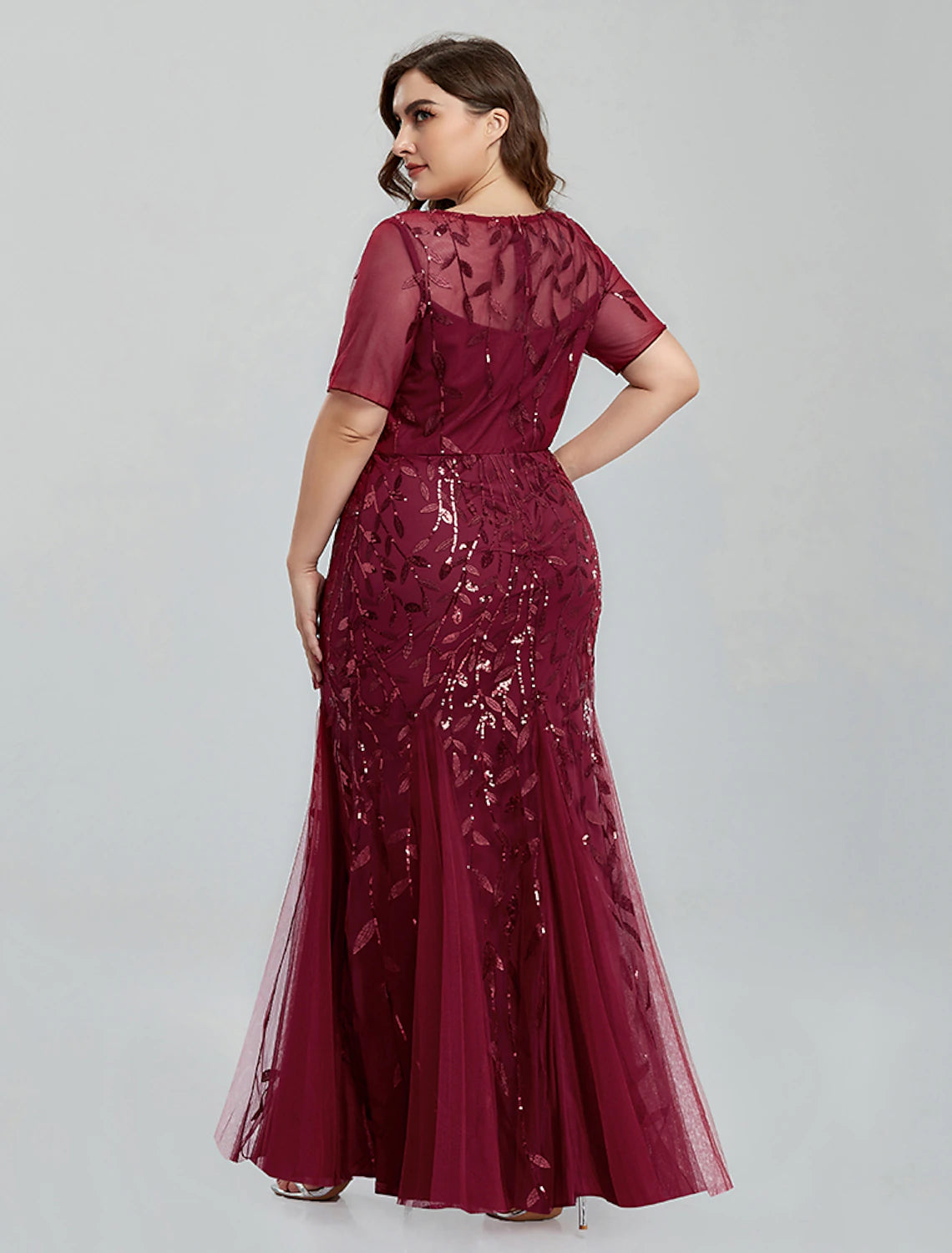 Vestido de noche estilo sirena/trompeta, estilo imperio, para regreso a casa, largo hasta el suelo, manga corta, cuello joya, tul con bordado