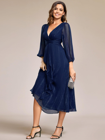 A Line Elegant Ruched V Neck Long Sleeves Tea-Length evening gown formal dress Prom Dresses