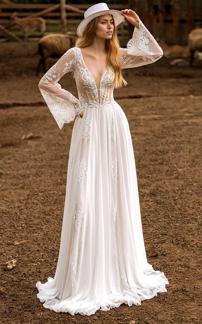 A-Line Boho Lace Sleeves Plunging Neckline Sweep Train Wedding Dress