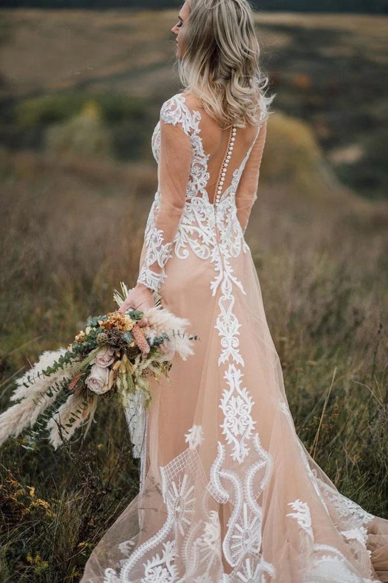 Boho Mermaid V-Neck Long Sleeves Appliques Ball Gown Bride Dresses Wedding Dress