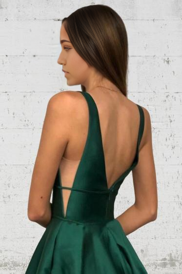 A Line Simple V-Neck Satin formal dresses evening gown Prom Dresses with Pockets