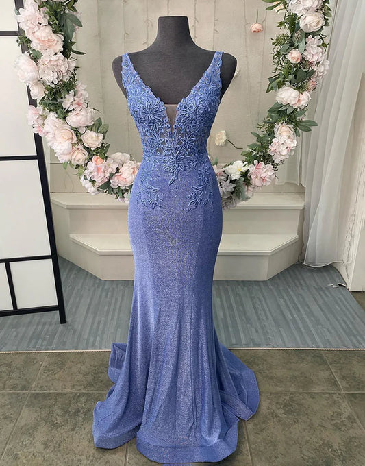 Mermaid V-Neck Corset Back Long Prom Dress With Appliques