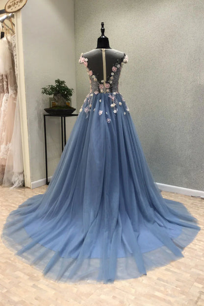 Round neck tulle lace applique long prom dress