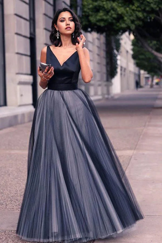 A-Linie V-Ausschnitt Ärmellos Tüll Bodenlang Abendkleider Abendkleid Ballkleid 