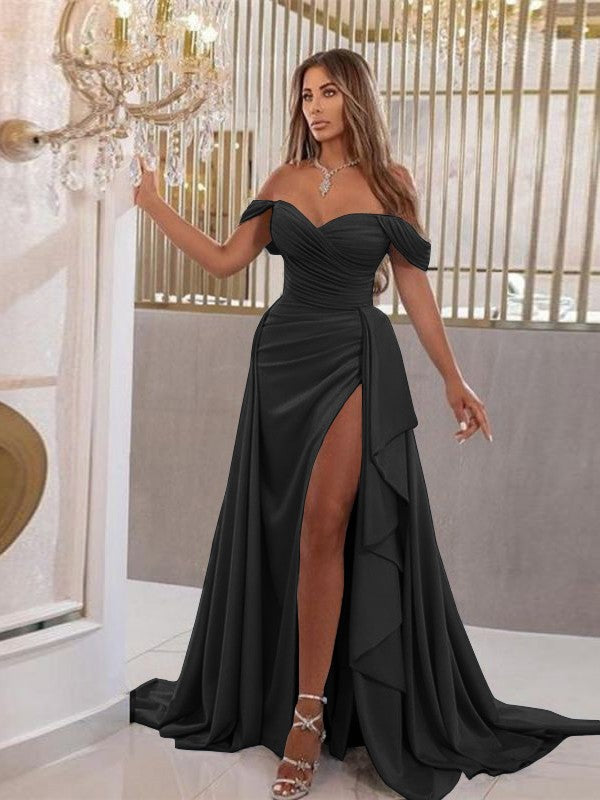 Vestidos de jersey con escote tubo, fruncidos, hombros descubiertos, sin mangas y con cola larga