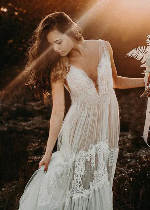 Bohemian V-Neck Backless Romantic Dreamy Bridal Gowns Wedding Dresses