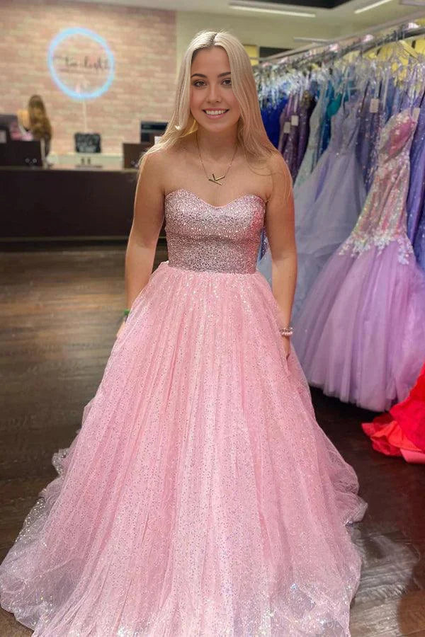 A-Line Sparkly Strapless Floor Length Tulle Light Pink Long Prom Dress