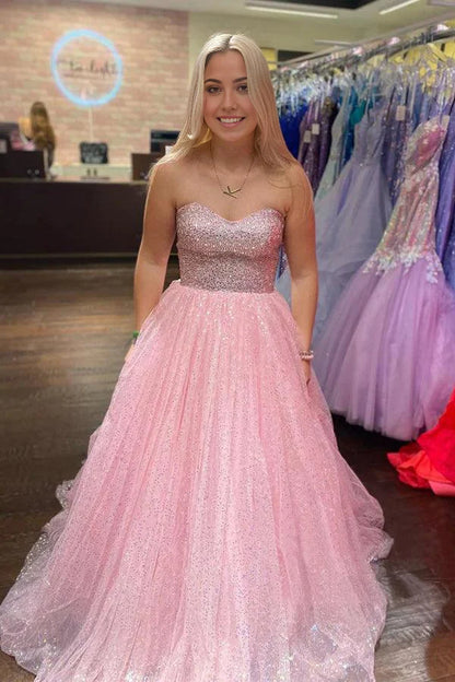 A-Linie, glitzernd, trägerlos, bodenlang, Tüll, hellrosa, langes Ballkleid
