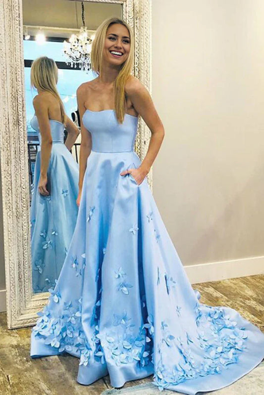 A-Linie Sweetheart Satin Langes Ballkleid mit 3D-Blumenapplikation