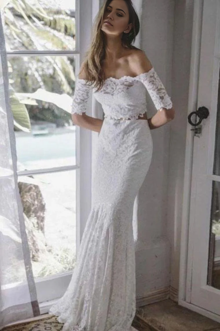 Beach Two Pieces Mermaid Off The Shoulder Ivory Lace Wedding Dresses