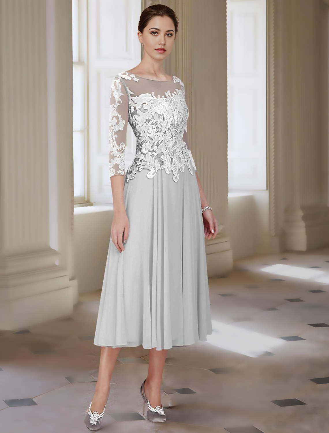 A-Line Mother of the Bride Dress Elegant Jewel Neck Asymmetrical Ankle Length Chiffon Lace 3/4 Length Sleeve with Appliques free custom size