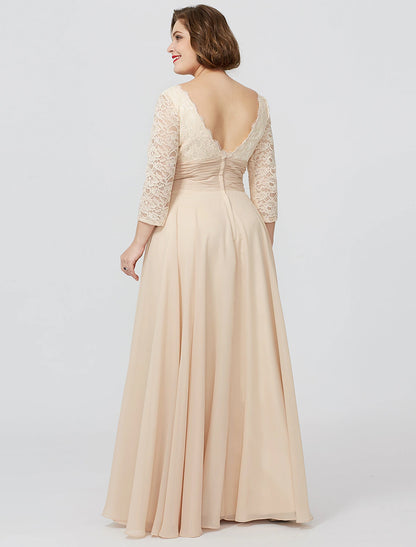 Etuikleid/Säulenkleid für die Mutter der Braut, formell, klassisch und zeitlos, elegant und luxuriös, Übergröße, quadratischer Ausschnitt, bodenlang, Chiffon, metallische Spitze, 3/4-Ärmel, nein, mit Schärpe/Blumenband
