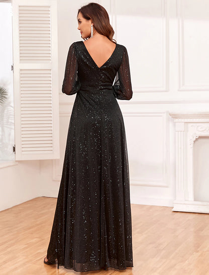 A-Line Evening Gown Empire Dress Party Wear Floor Length Long Sleeve V Neck Tulle V Back with Glitter