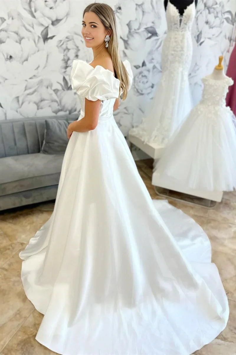 A-line Off-the-Shoulder Ruffle Long Bridal Gown Wedding Dresses
