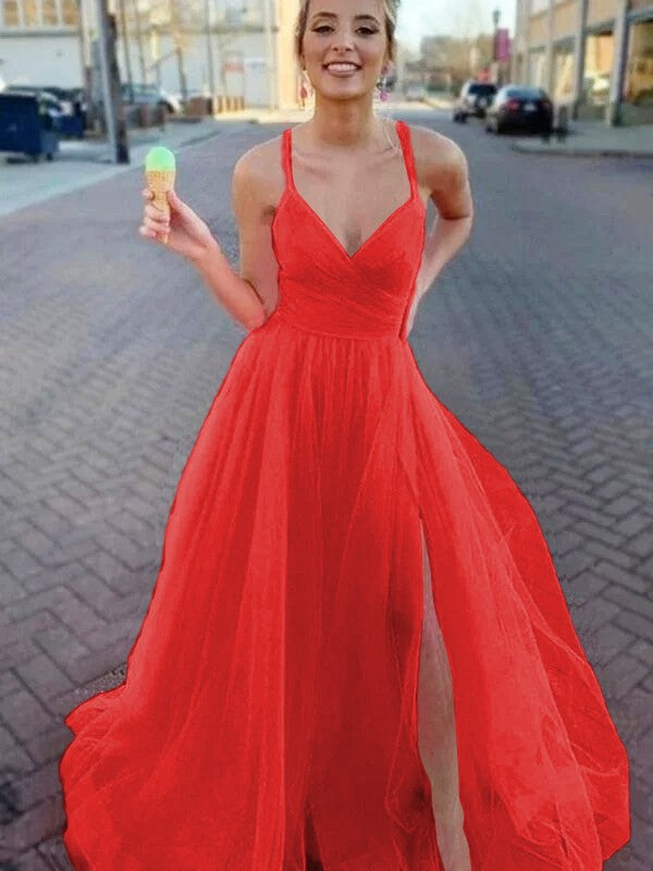 Vestidos de corte A/princesa sin mangas de tul con escote en V fruncido y cola larga