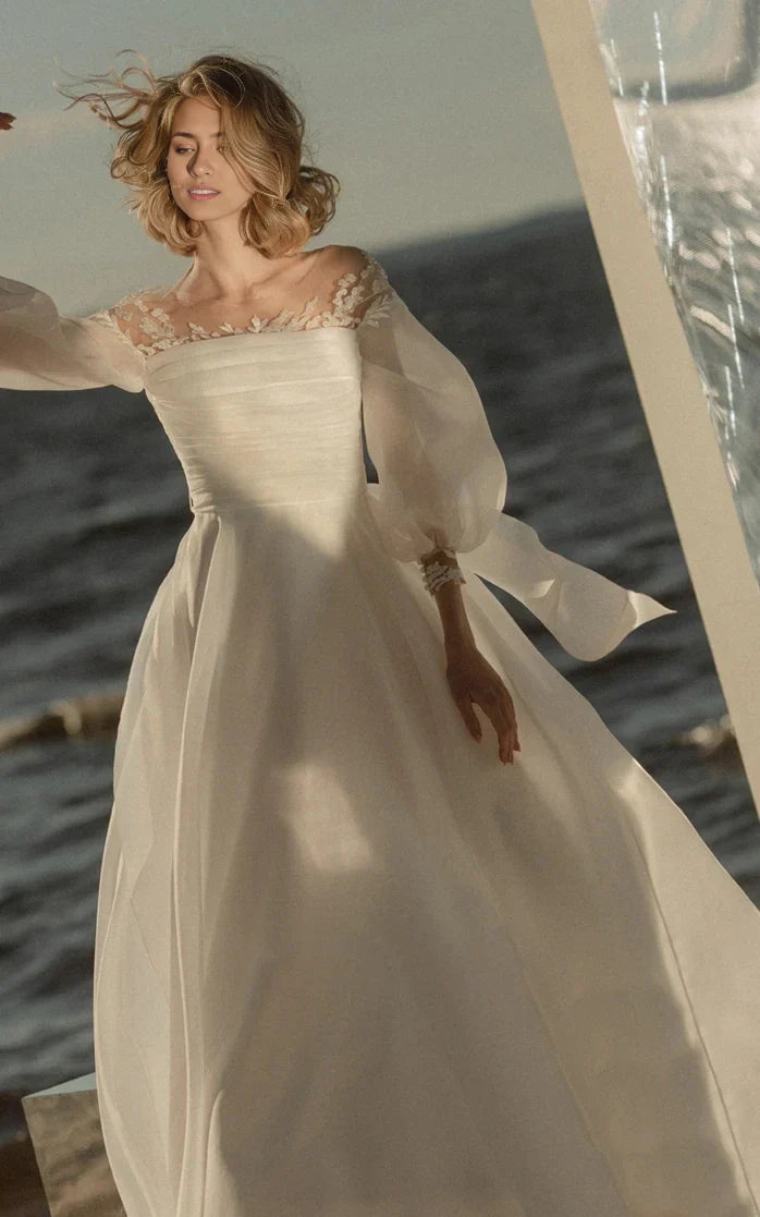 Vestido de novia de corte A, sencillo, de playa, con encaje de organza, cremallera hasta el suelo, espalda en V baja y mangas transparentes