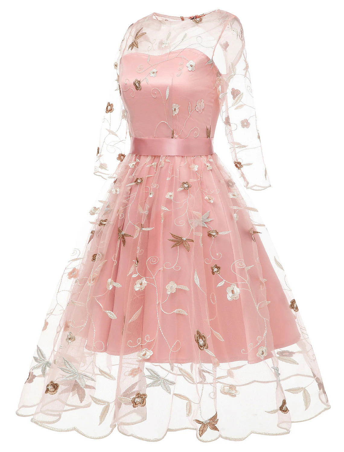 Vestido de cóctel de corte A, floral, para regreso a casa, largo hasta la rodilla, media manga, cuello joya, tul con apliques bordados