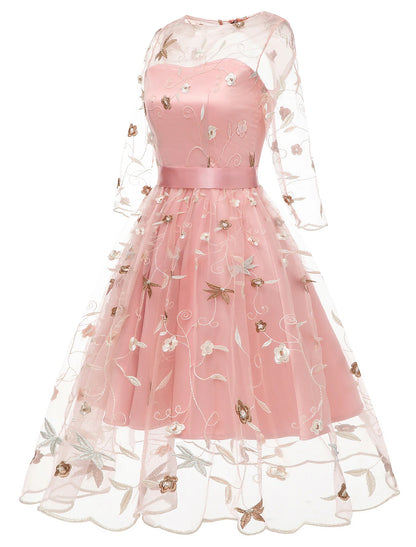 A-Line Cocktail Dresses Floral Dress Homecoming Knee Length Half Sleeve Jewel Neck Tulle with Embroidery Appliques