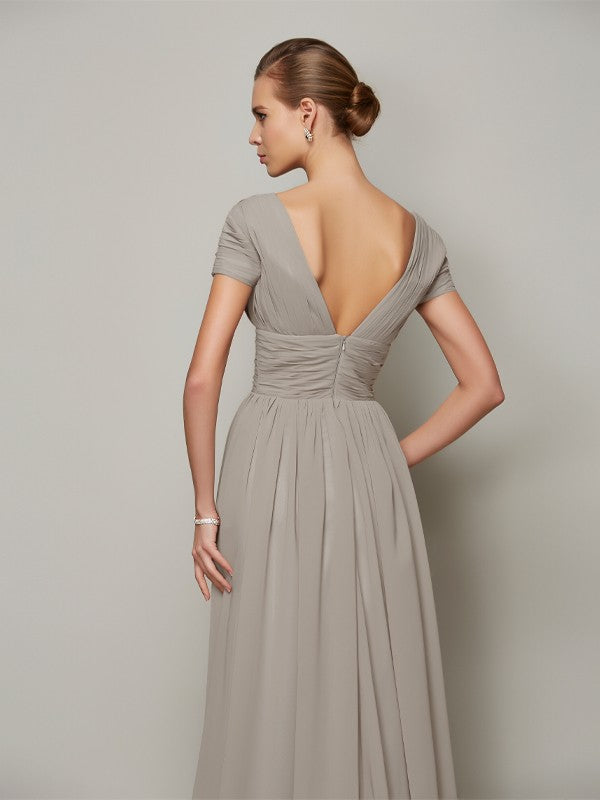 A-Line Chiffon V-neck Short Sleeves Sweep/Brush Train With Ruched Mother of the Bride Dresses