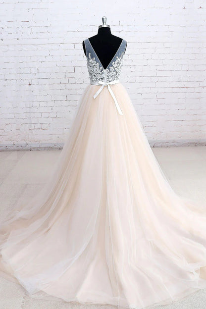 V neck lace tulle long prom dress