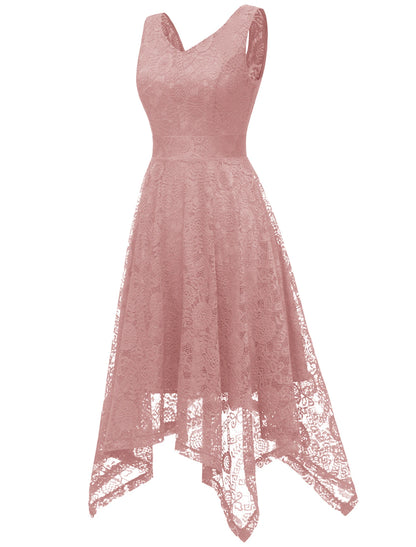 A-Line Cocktail Dresses Vintage Dress Party Wear Knee Length Sleeveless V Neck Lace with Pleats