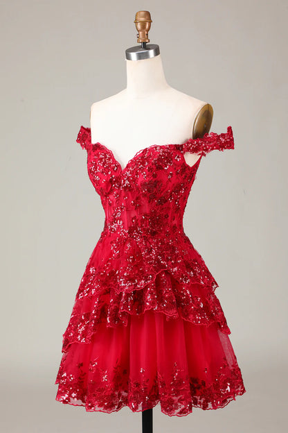 A-Line Sparkly Corset Tiered Lace Short Homecoming Dress