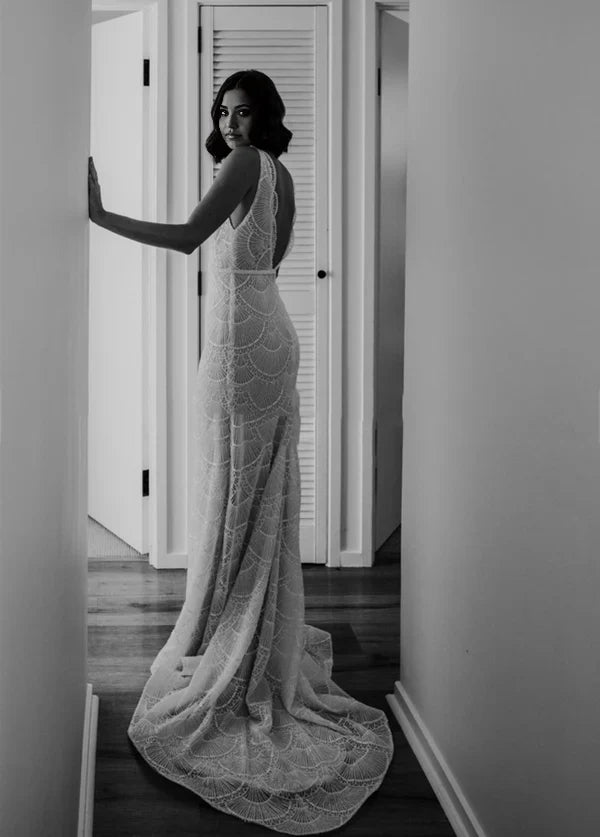 Bohemian Mermaid V-Neck Backless Lace Bridal Gowns wedding Dresses