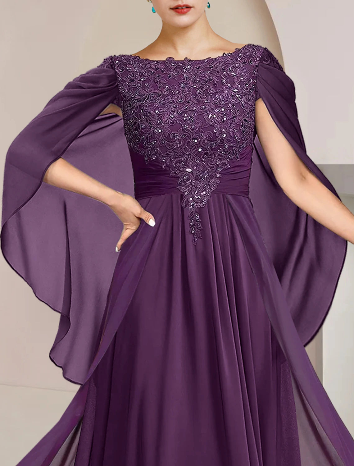 Vestido de madre de la novia de corte A, formal, para invitada de boda, elegante, escote redondo, largo hasta el suelo, de gasa, con encaje, sin mangas, con apliques de lentejuelas y cuentas.