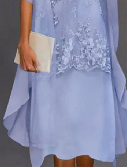 Two Piece Sheath / Column Mother of the Bride Dress Wedding Guest Elegant Jewel Neck Tea Length Chiffon Lace Sleeveless Jacket Dresses with Appliques