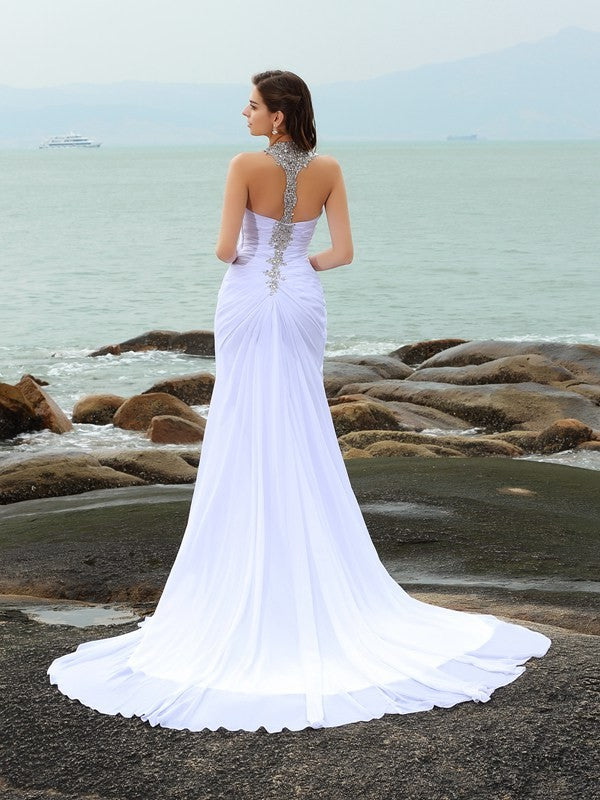 Sheath Chiffon Straps Sleeveless Chapel Train With Beading Wedding Dresses