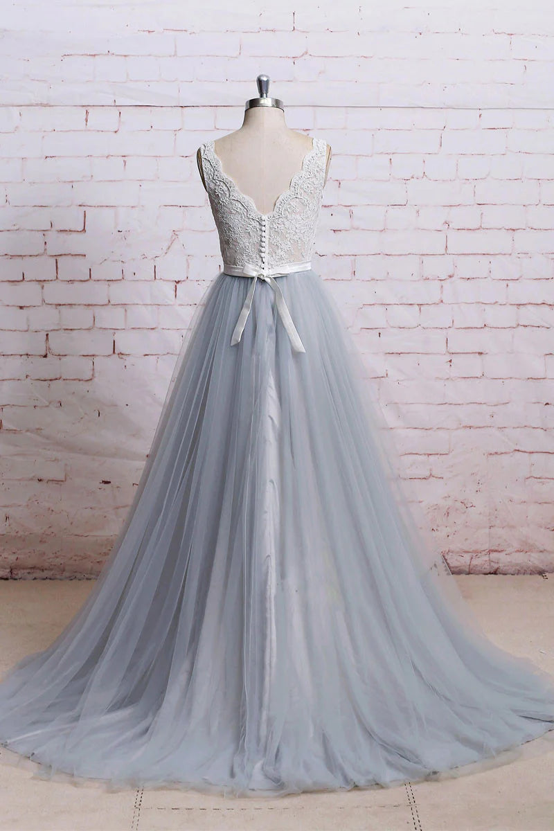v neck lace tulle long prom dress