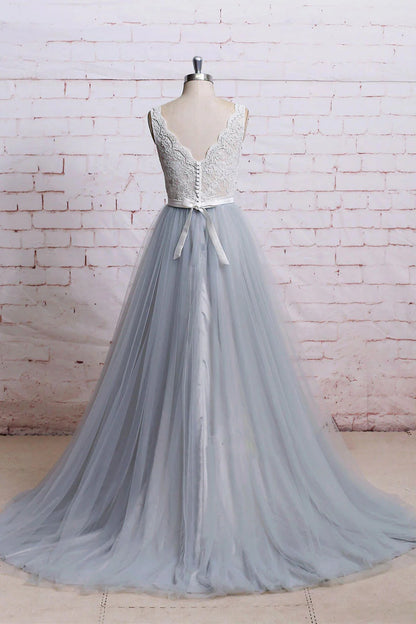 v neck lace tulle long prom dress