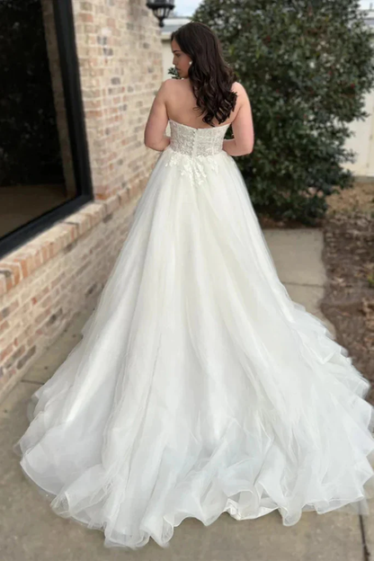 Sweetheart Neck White Lace Long Strapless Prom Dresses Formal Evening Dresses Wedding Dresses
