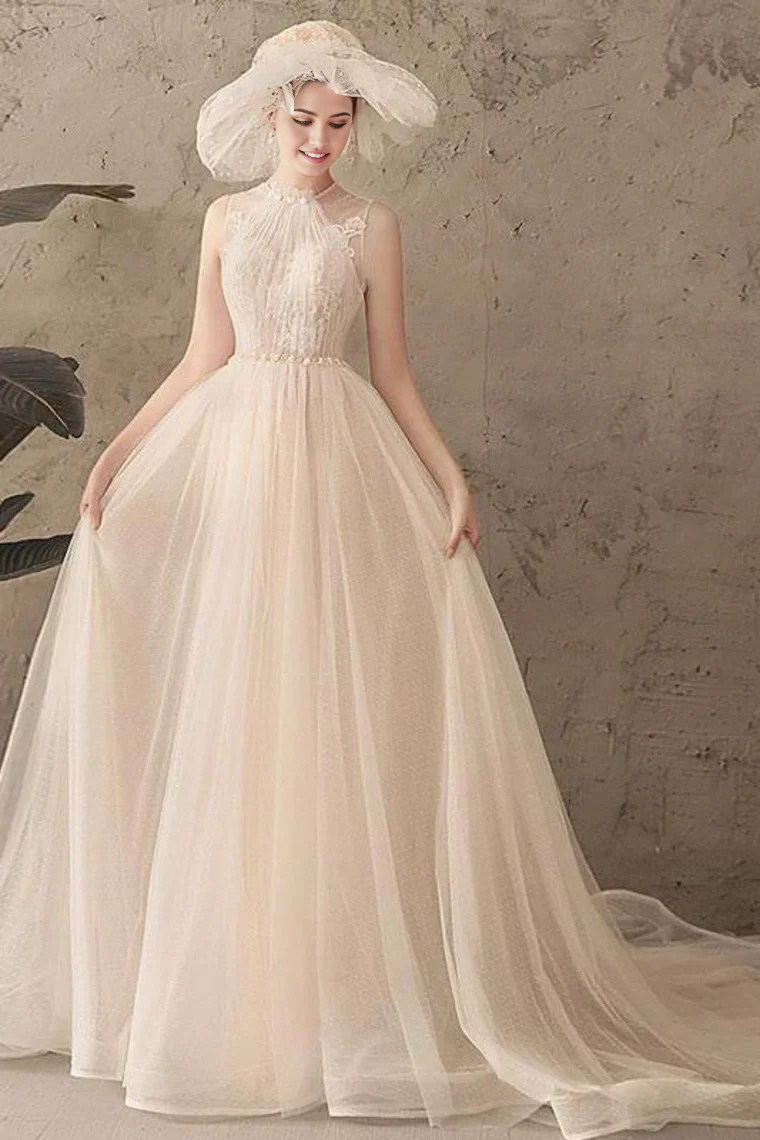 A Line Jewel Sleeveless Tulle Pleats Open Back Bridal Ivory Wedding Dress With Lace