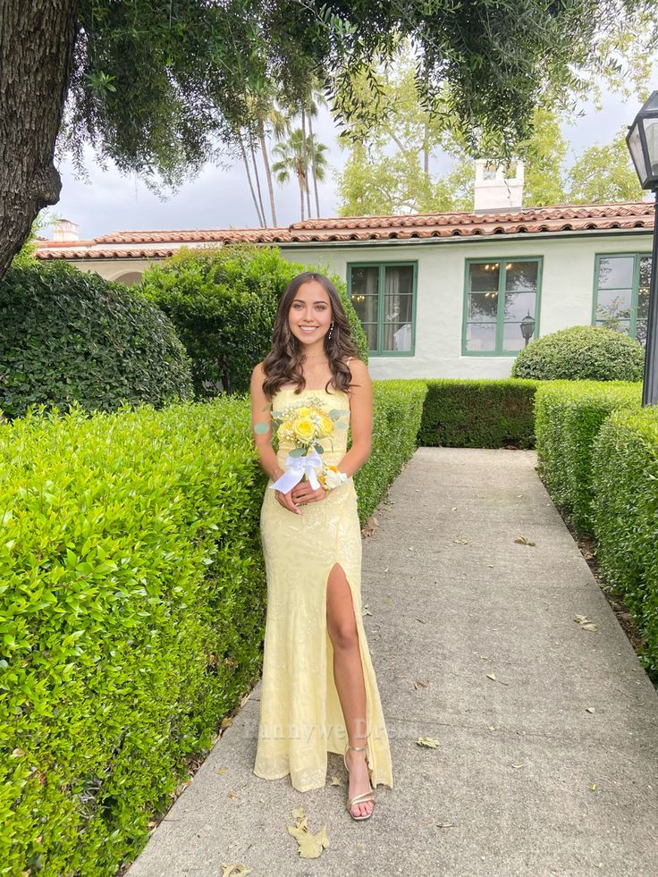 Mermaid Spaghetti Straps Split Light Yellow Long formal dresses Bridesmaid Dresses evening gown Prom Dress